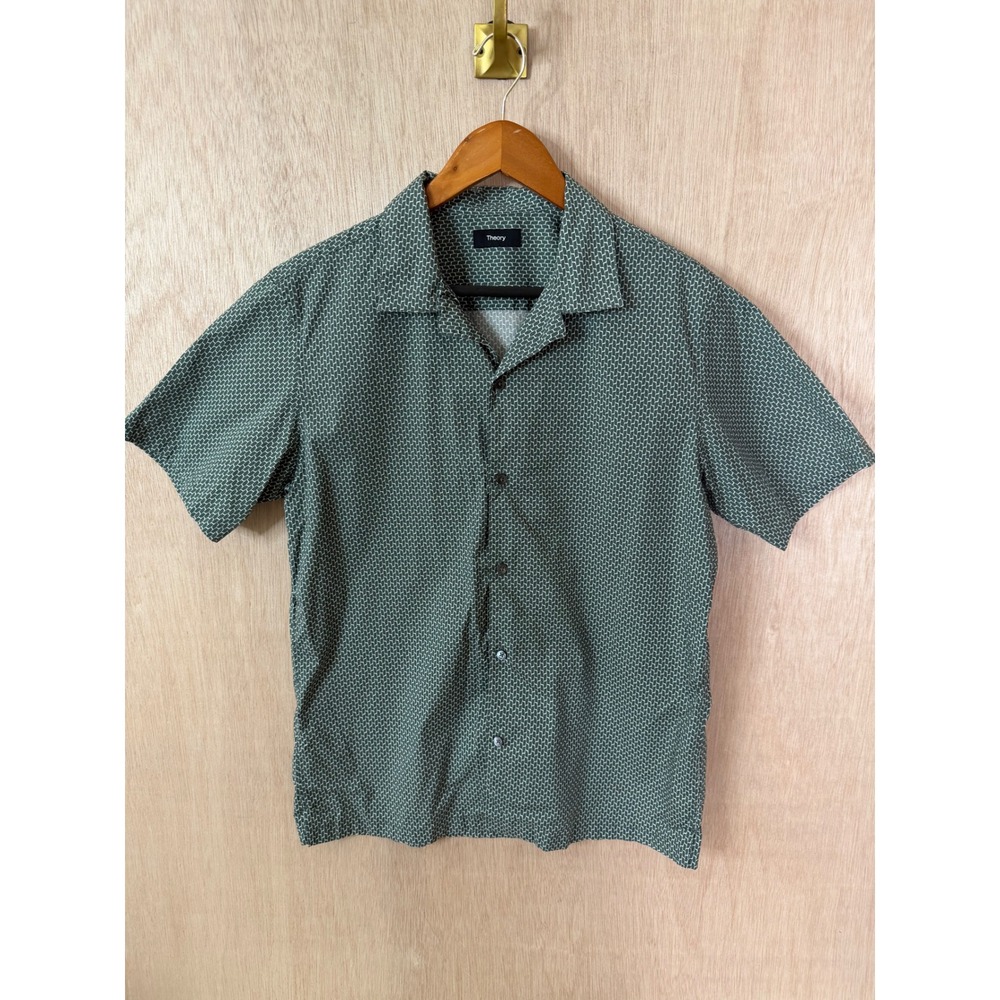Theory Mens Medium Green Geometric Print Short Sleeve Camp Collar Button Down